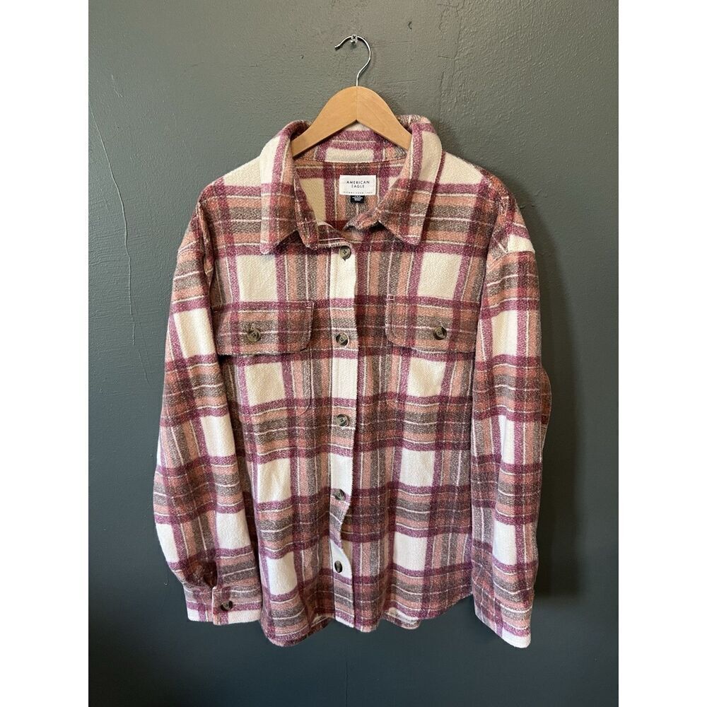 American Eagle Mens Red Plaid Shacket Button Up Flannel Size Large NWT